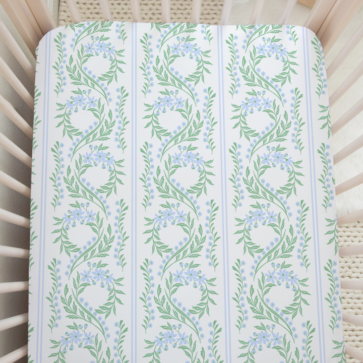 Green Floral Crib Sheet in Bluebonnet