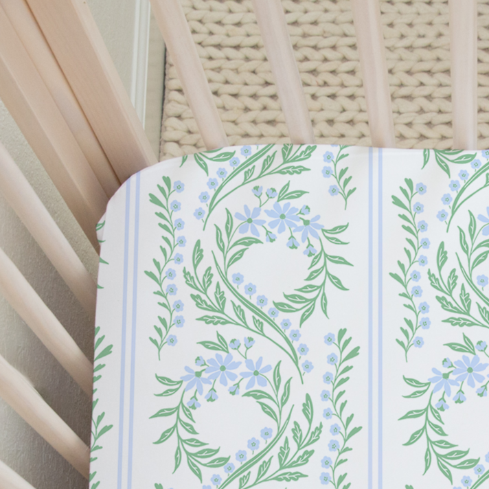 Green Floral Crib Sheet in Bluebonnet