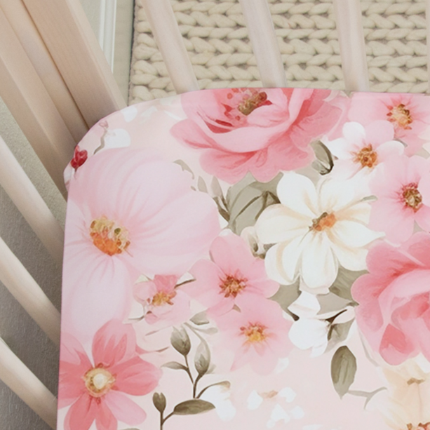 Pink Floral Crib Sheet in Blooming Grace