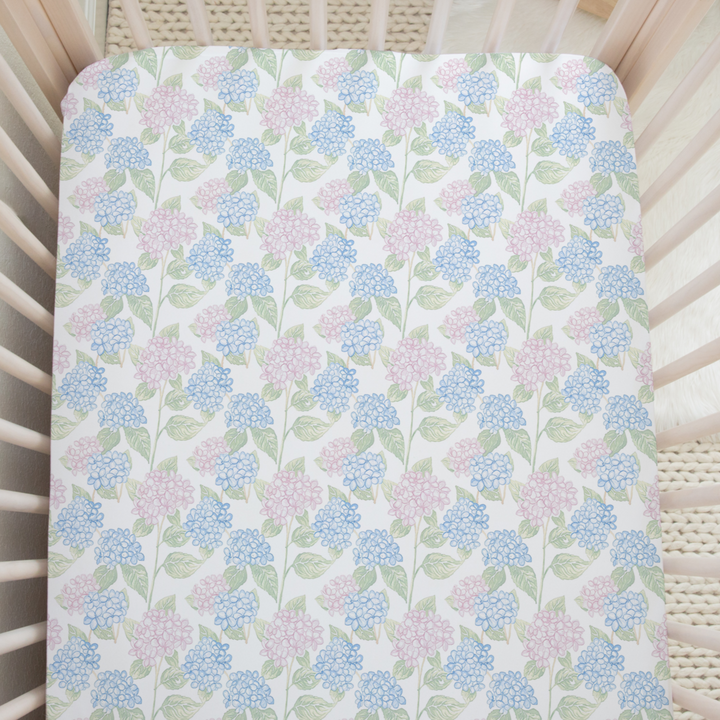 Pink Floral Crib Sheet in Hydrangea Garden