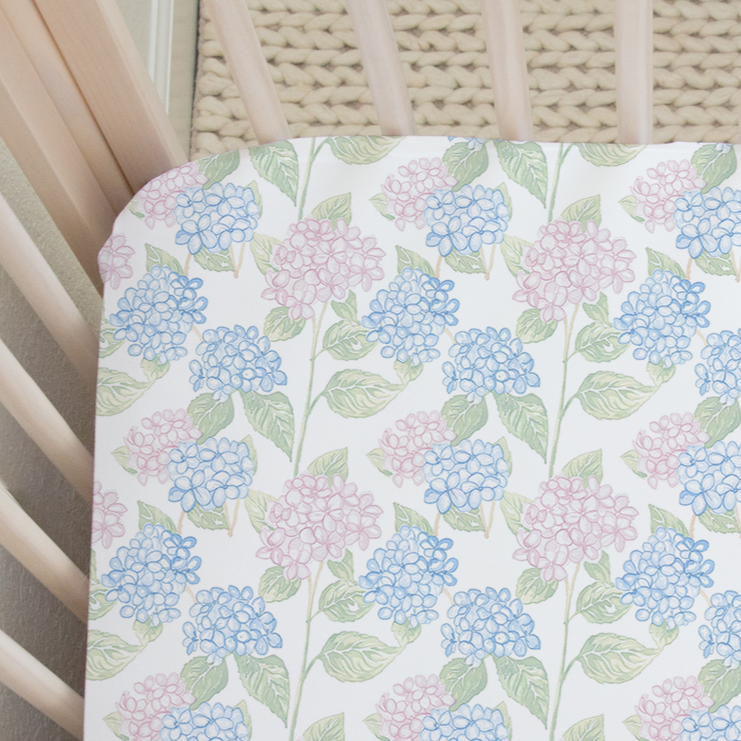 Pink Floral Crib Sheet in Hydrangea Garden