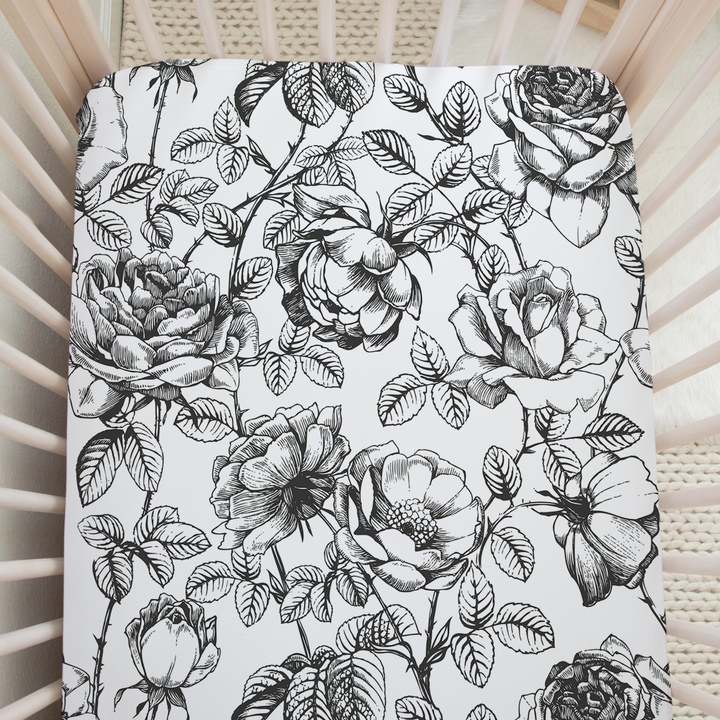 Black and White Floral Crib Sheet in Emmaline