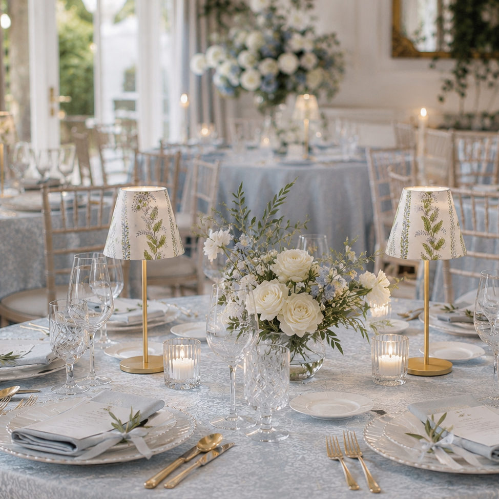 A beautifully styled event table set in a grand hall, featuring a light blue damask tablecloth, white floral centerpieces, gold flatware, clear glassware, and small table lamps with floral-patterned shades.