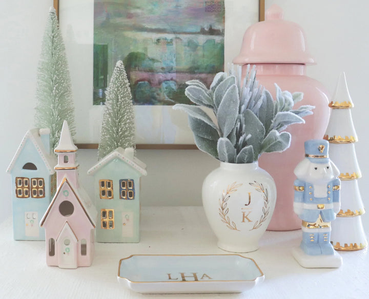 Pastel Christmas Village 3-Piece Set with 22K Gold Accents