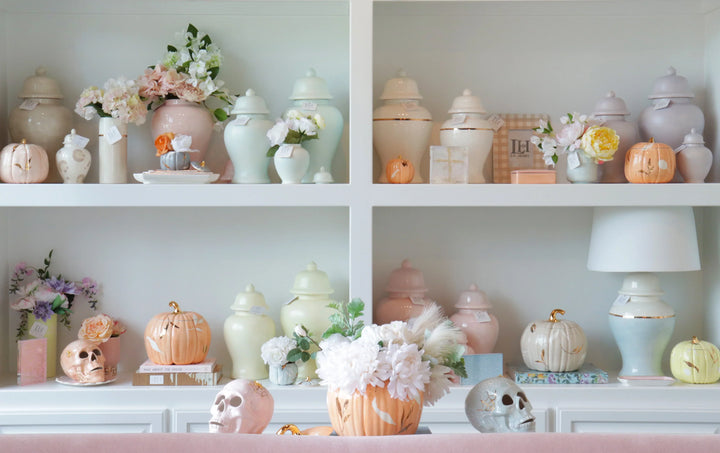 Layered Leaves Pumpkin Jars with 22K Gold Accents in Sheer Orange