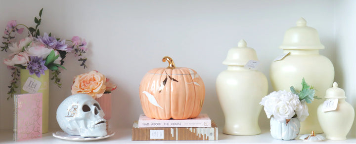 Layered Leaves Pumpkin Jars with 22K Gold Accents in Sheer Orange