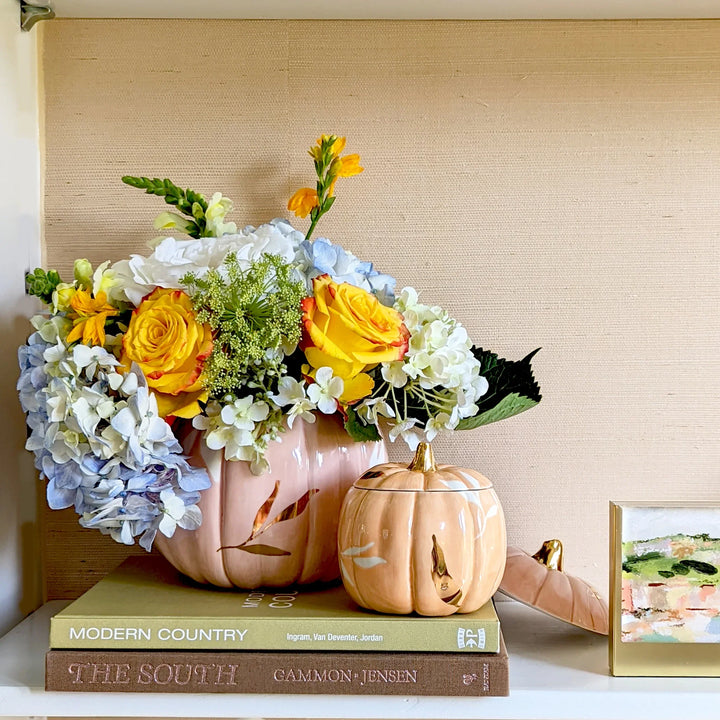 Layered Leaves Pumpkin Jars with 22K Gold Accents in Sheer Orange