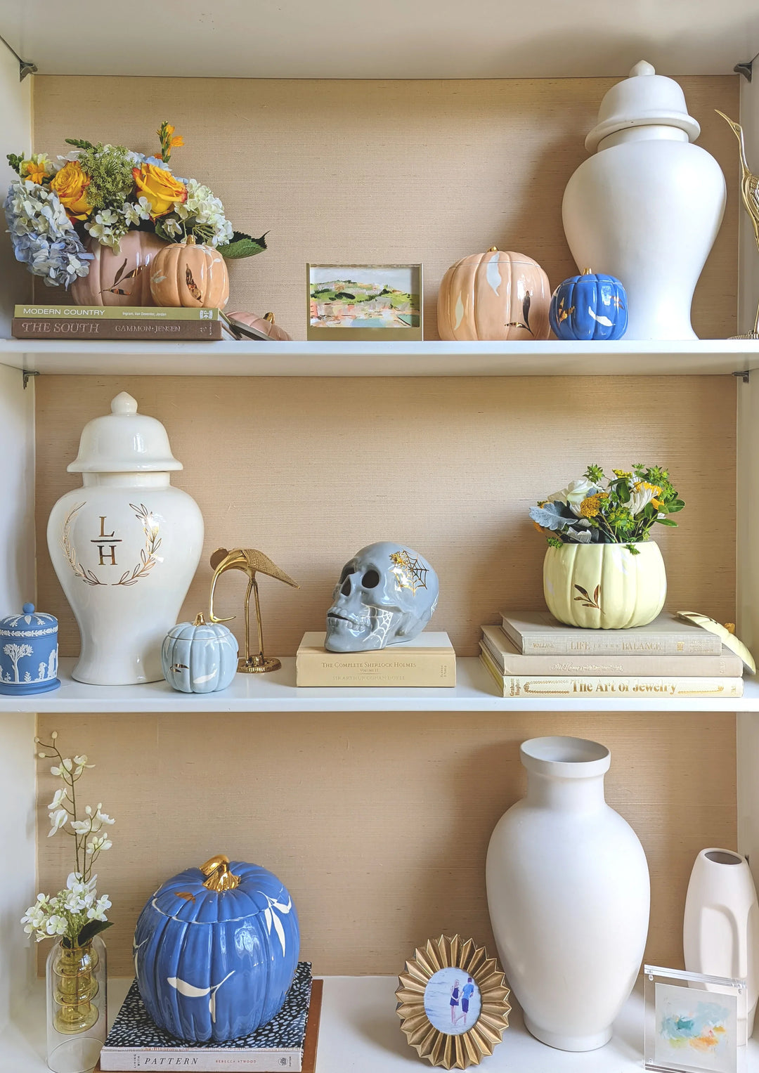 Layered Leaves Pumpkin Jars with 22K Gold Accents in Light Blue