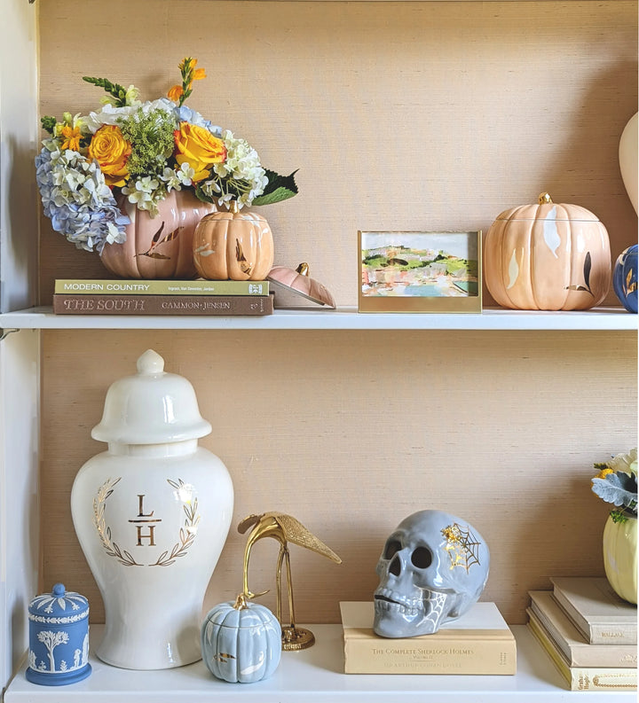 Layered Leaves Pumpkin Jars with 22K Gold Accents in Sheer Orange