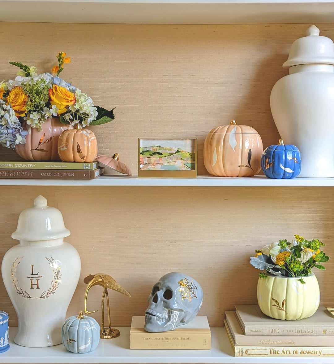 Layered Leaves Pumpkin Jars with 22K Gold Accents in Sheer Orange