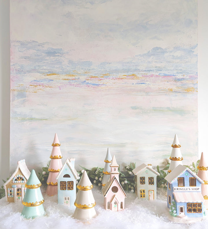 Pastel Christmas Village 3-Piece Set with 22K Gold Accents