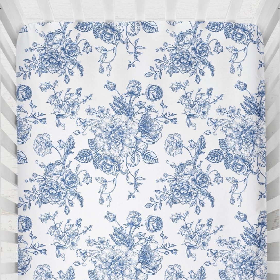 Blue Floral Toile Crib Sheet Traditional Classic Nursery Decor Winterborne Decor