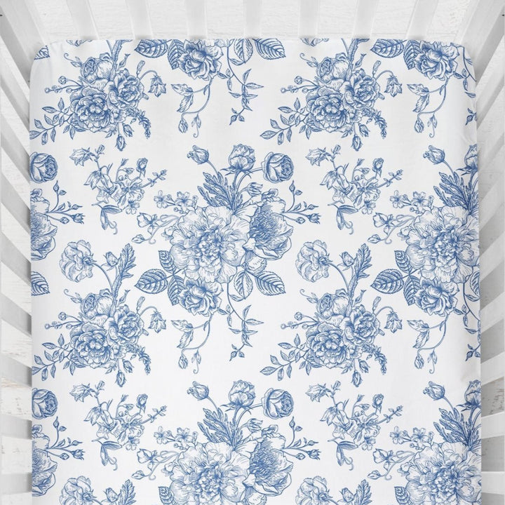 Blue Floral Toile Crib Sheet in Rosecrest