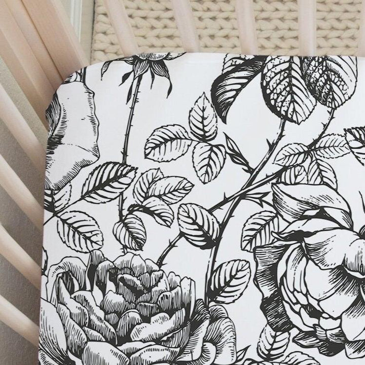 Black and White Floral Crib Sheet in Emmaline