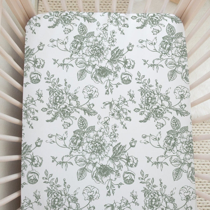 Green Toile Floral Crib Sheet in Rosecrest