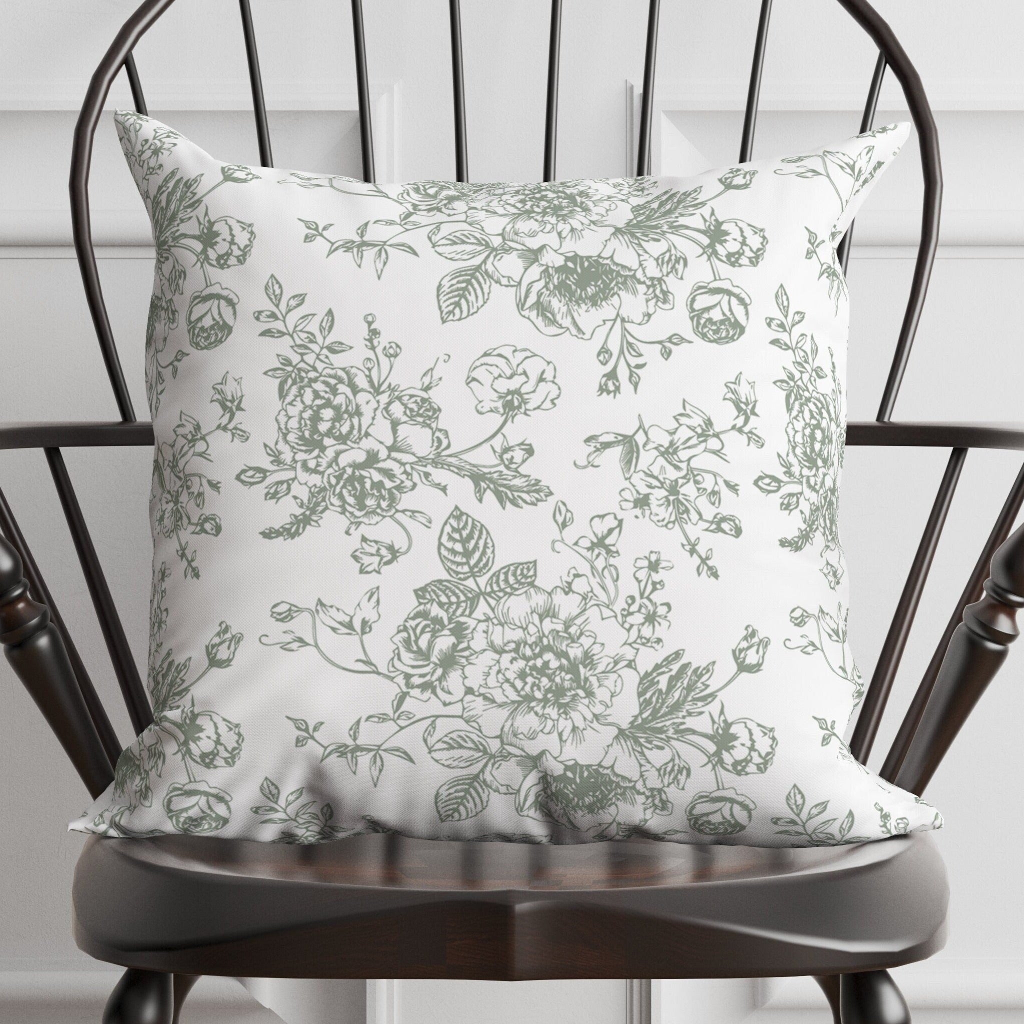 Green Floral Toile Pillow