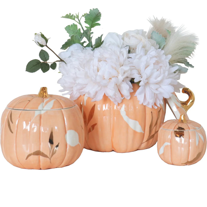 Layered Leaves Pumpkin Jars with 22K Gold Accents in Sheer Orange